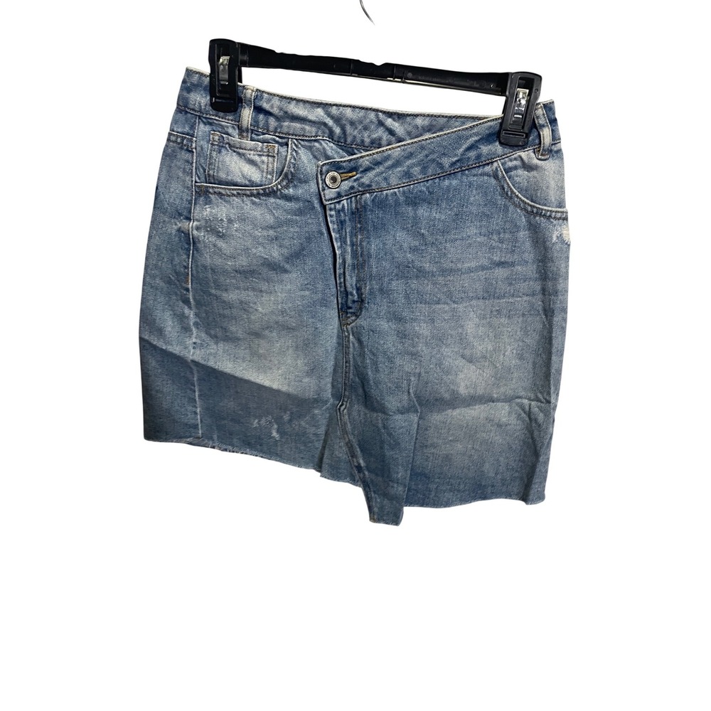 Puella Denim Light Wash M Asymmetric Crossover Waist‎ Raw Hem Mini Skirt NWT